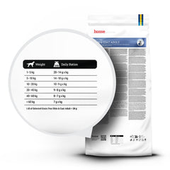 Magnified daily feeding guide table for husse Grain Free Skin & Coat Adult dog food on white packaging.
