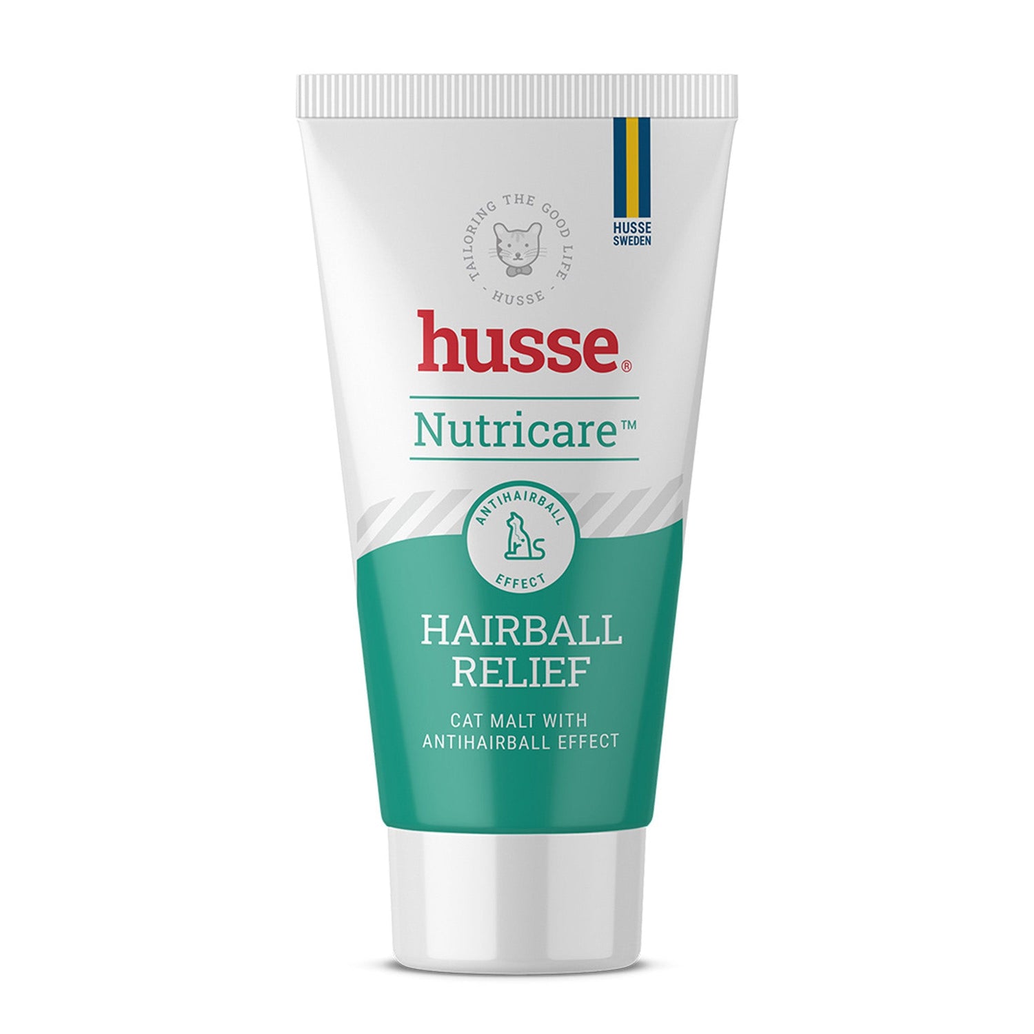 Pasta de malte Husse Nutricare Hairball Relief em tubo branco e verde-azulado para controlo de bolas de pelo.