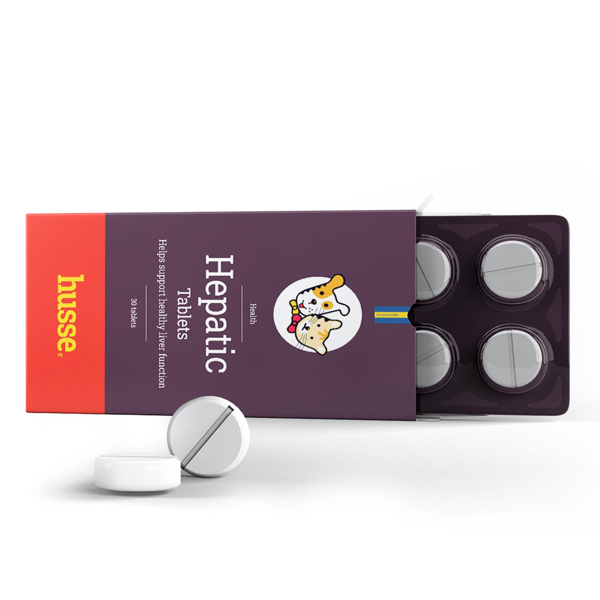 Husse Hepatic Tablets para suporte hepático de cães e gatos, com caixa roxa, blister e comprimidos redondos brancos.