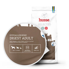Saco de ração seca Husse Hypoallergenic Digest Adult com destaque para a fórmula de digestão sensível.