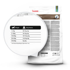 Tabela de alimentação da ração Husse Hypoallergenic Digest Adult com doses diárias por peso.