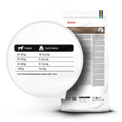 Guia de alimentação e tabela de doses diárias no saco Husse Hypoallergenic Digest Adult para cães grandes.