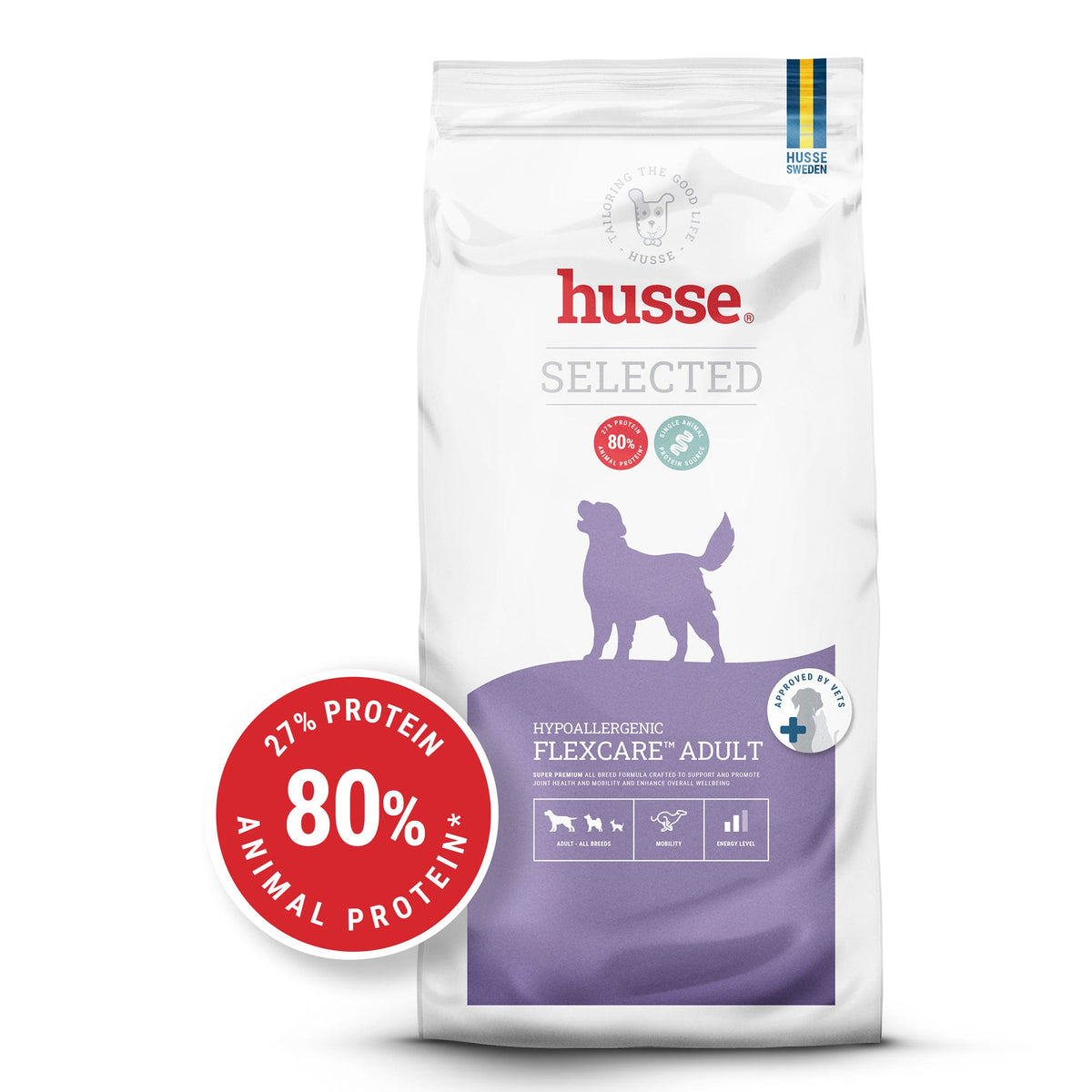 Saco de ração seca para cão Husse Hypoallergenic Flexcare Adult com design roxo e selo de 80% proteína animal.
