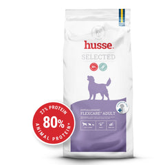 Husse Hypoallergenic Flexcare Adult dry dog food bag featuring a purple design and 80% animal protein badge.