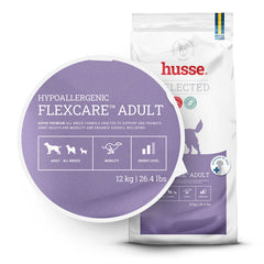 Husse Hypoallergenic Flexcare™ Adult dry dog food bag with a purple badge highlighting mobility and joint health support.