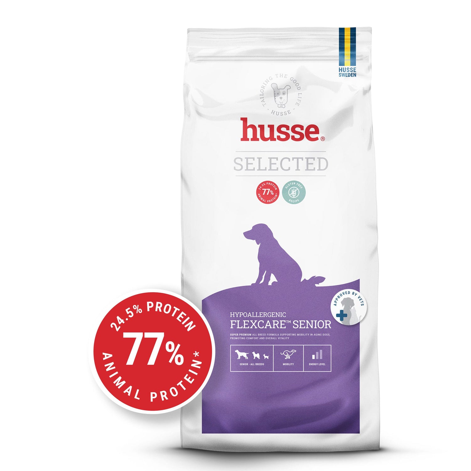 Ração Husse Hypoallergenic Flexcare™ Senior em saco branco com detalhes roxos para apoio articular e mobilidade.