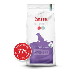 Ração Husse Hypoallergenic Flexcare™ Senior em saco branco com detalhes roxos para apoio articular e mobilidade.