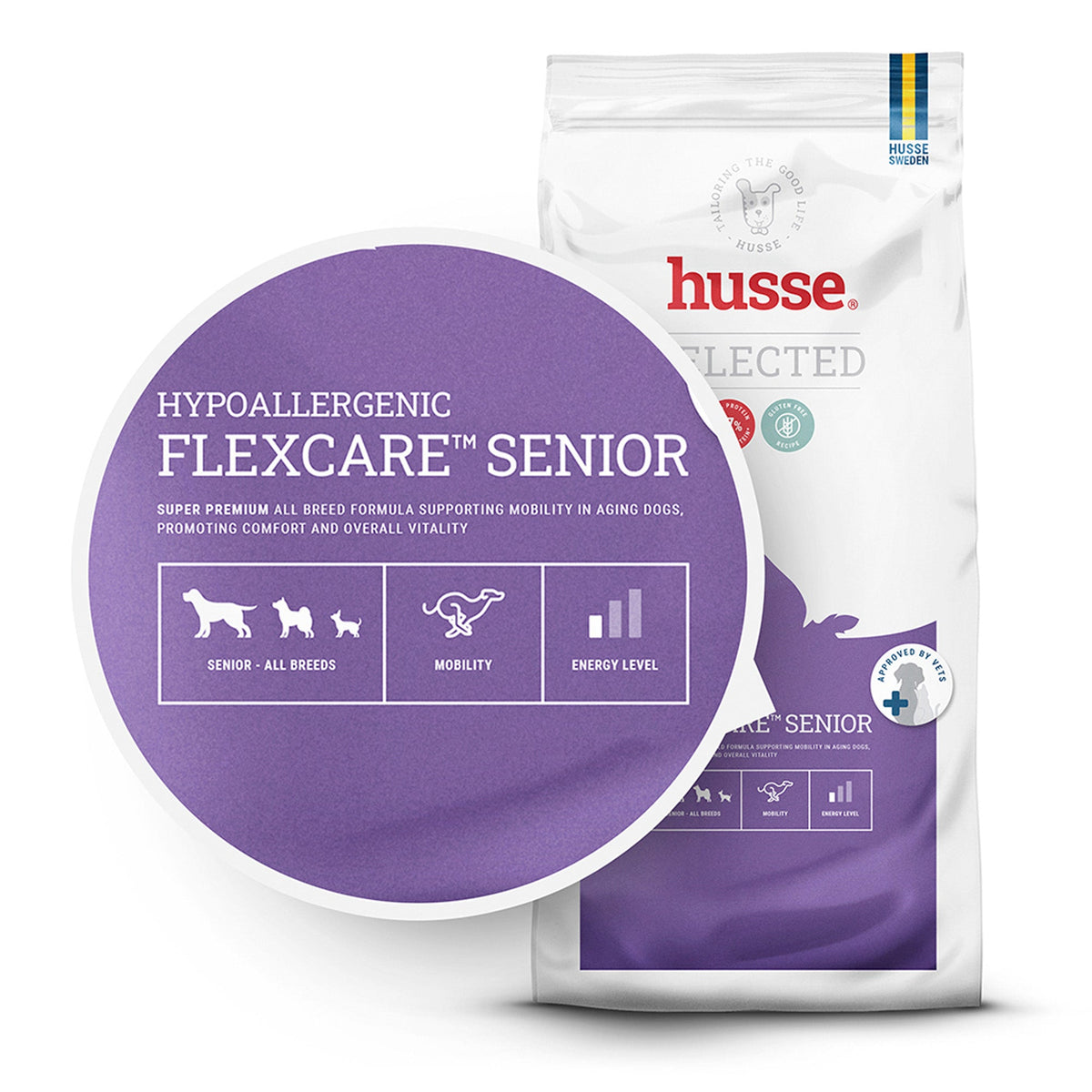 Ração para cães Husse Hypoallergenic Flexcare™ Senior em saco roxo, para conforto articular e mobilidade.