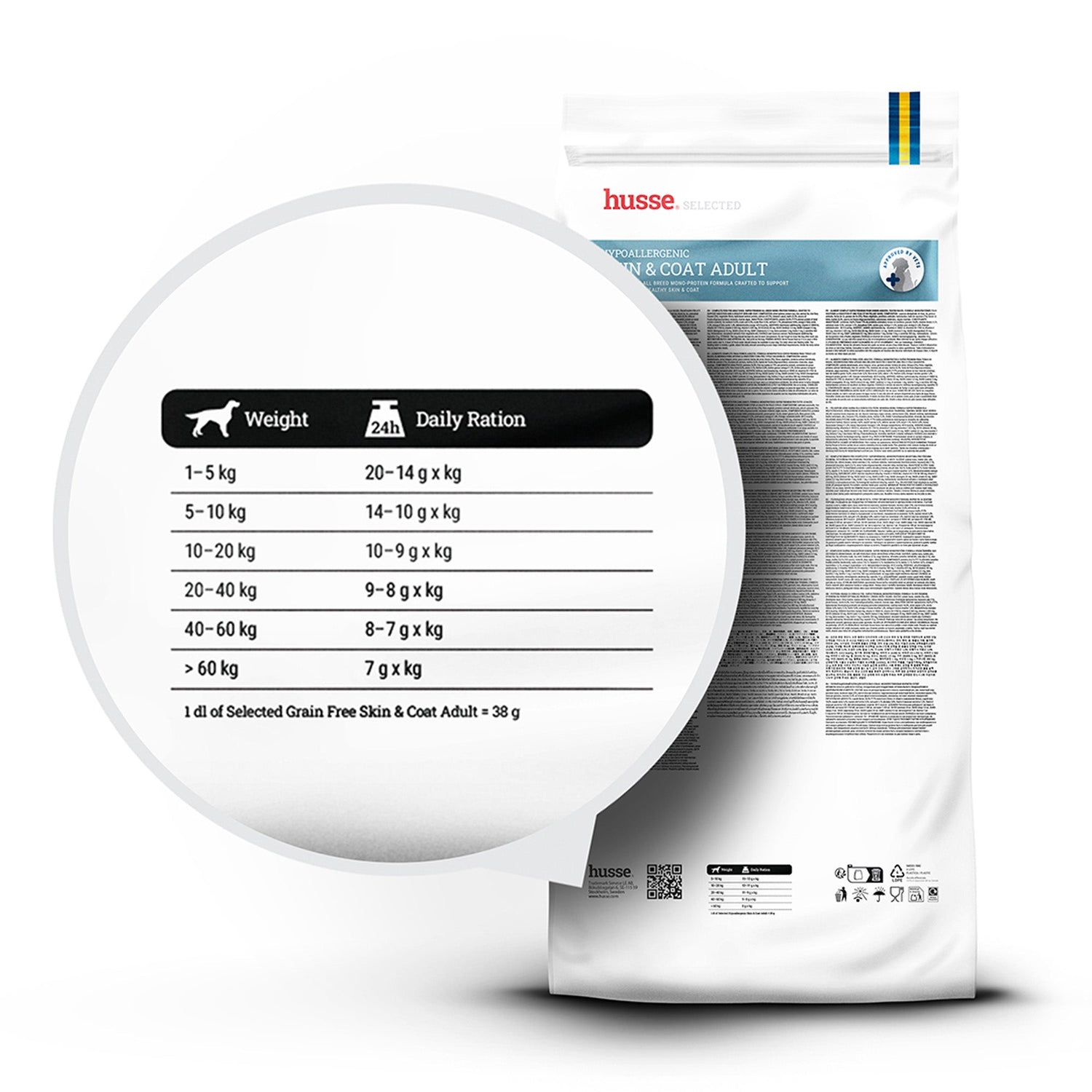 Guia de alimentação diária ampliado no saco branco de ração Husse Hypoallergenic Skin & Coat Adult.