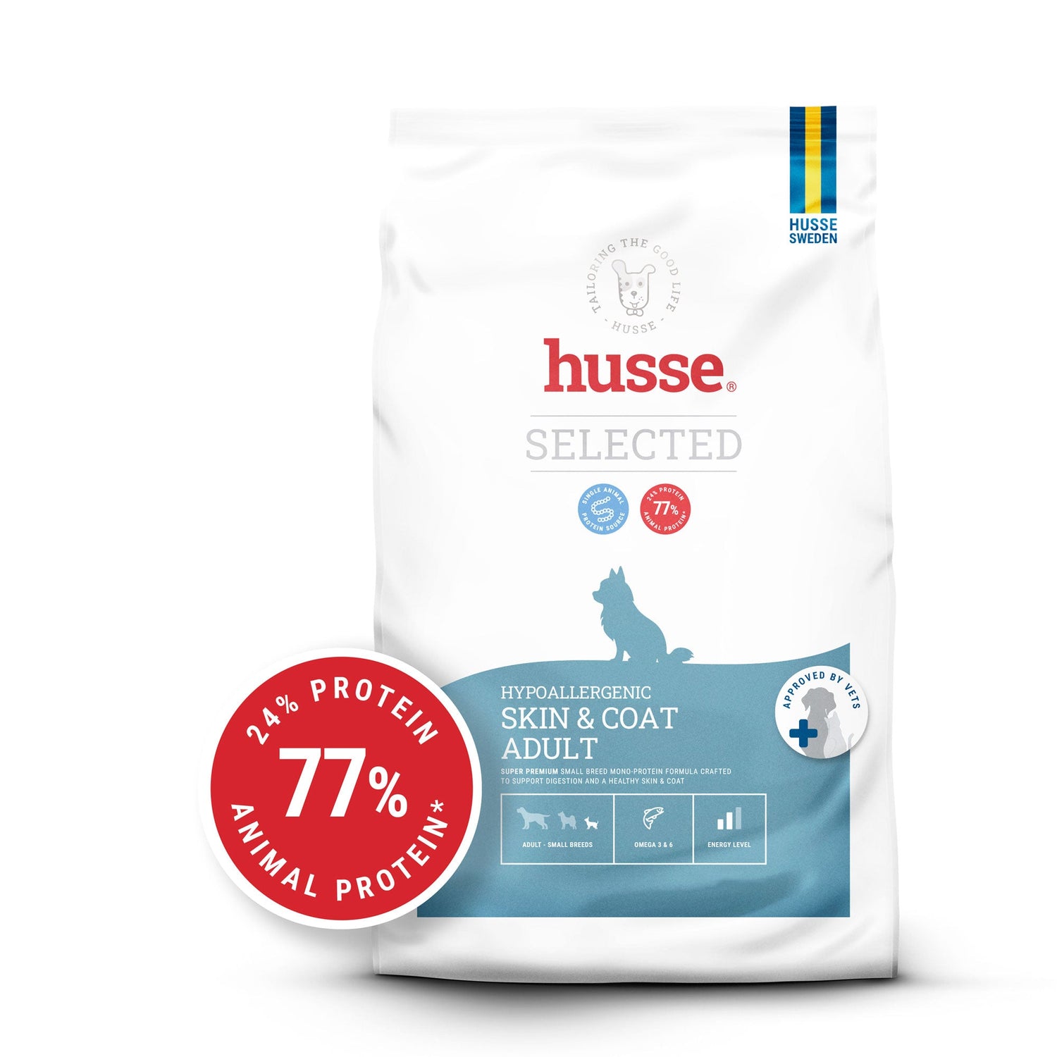 Saco de ração Husse Hypoallergenic Skin & Coat Adult para cães pequenos, com onda azul e selo de proteína vermelho.