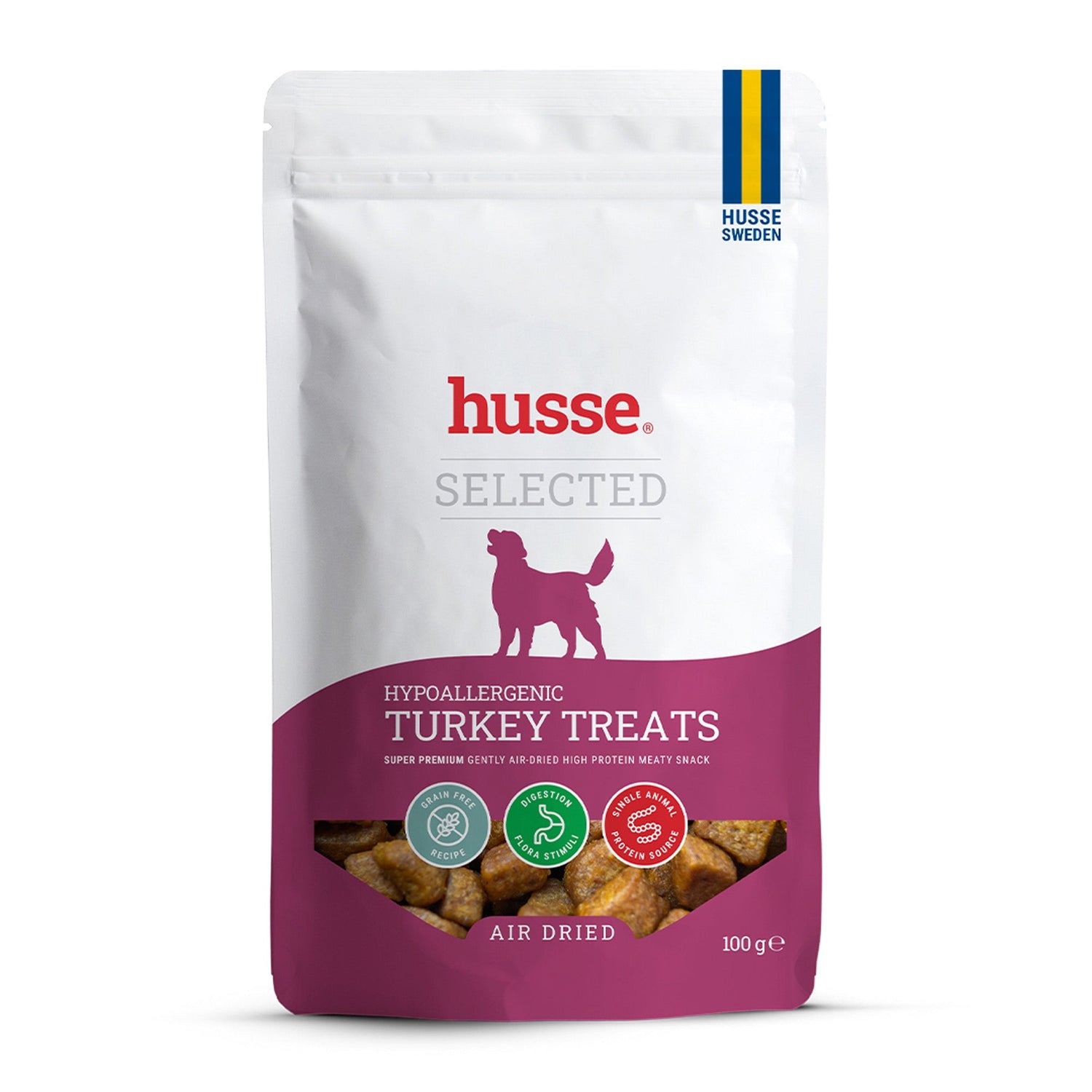 Embalagem branca e roxa de 100 g de snacks hipoalergénicos de peru Husse, desidratados ao ar para cão.