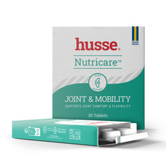 Suplemento Husse Joint & Mobility em comprimidos para cães e gatos numa caixa verde e branca de 30 unidades.