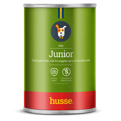 Paté Junior com vitela da Husse, refeição completa em lata verde para apoiar o crescimento e imunidade do cachorro.
