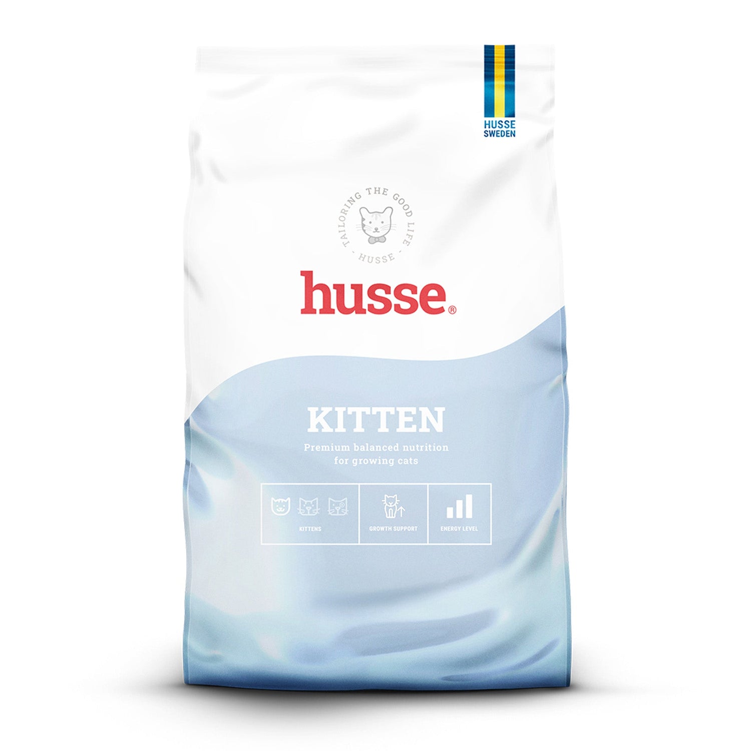 Ração seca Husse Kitten em embalagem branca e azul para apoiar o crescimento e energia do gatinho.