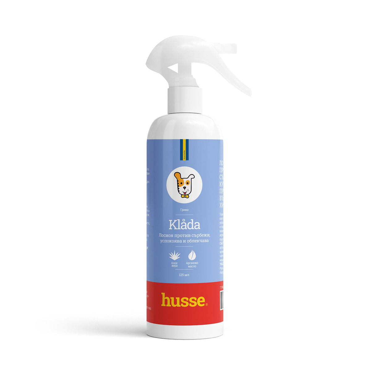 Loção Klåda para alívio da comichão em cães da Husse com aloé vera em spray branco de 125 ml.