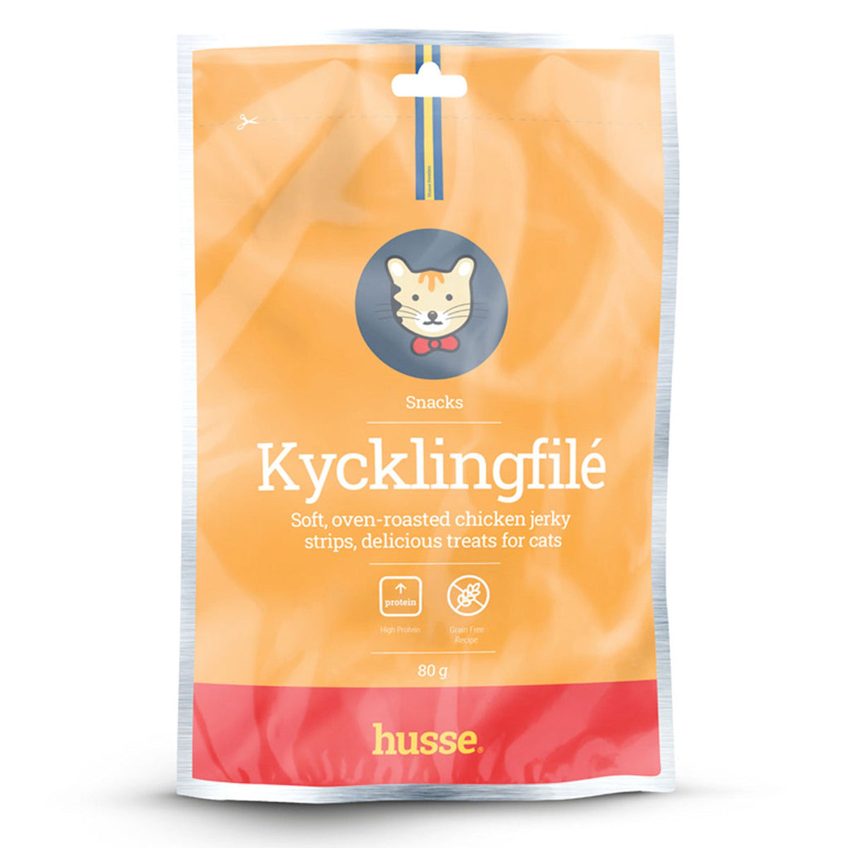 Tiras de frango assado Kycklingfilé da Husse para gatos numa embalagem cor de laranja de 80 g.