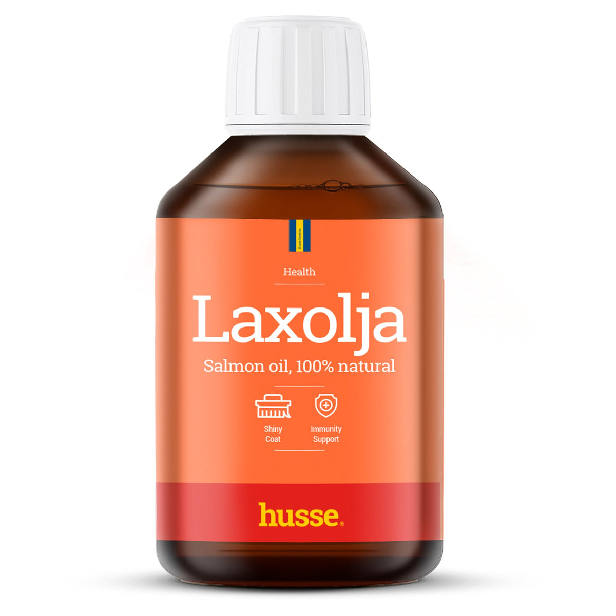 Óleo de salmão norueguês natural Laxolja da Husse em frasco castanho para a pele e pelo do seu animal.