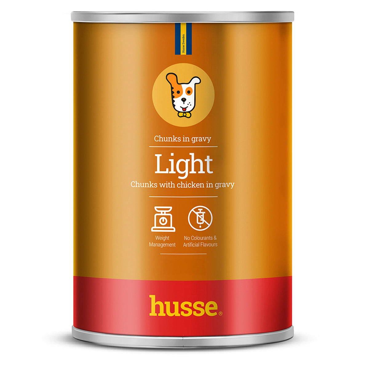 Pedaços de frango em molho Husse Light em lata amarela para o controlo de peso do seu cão.