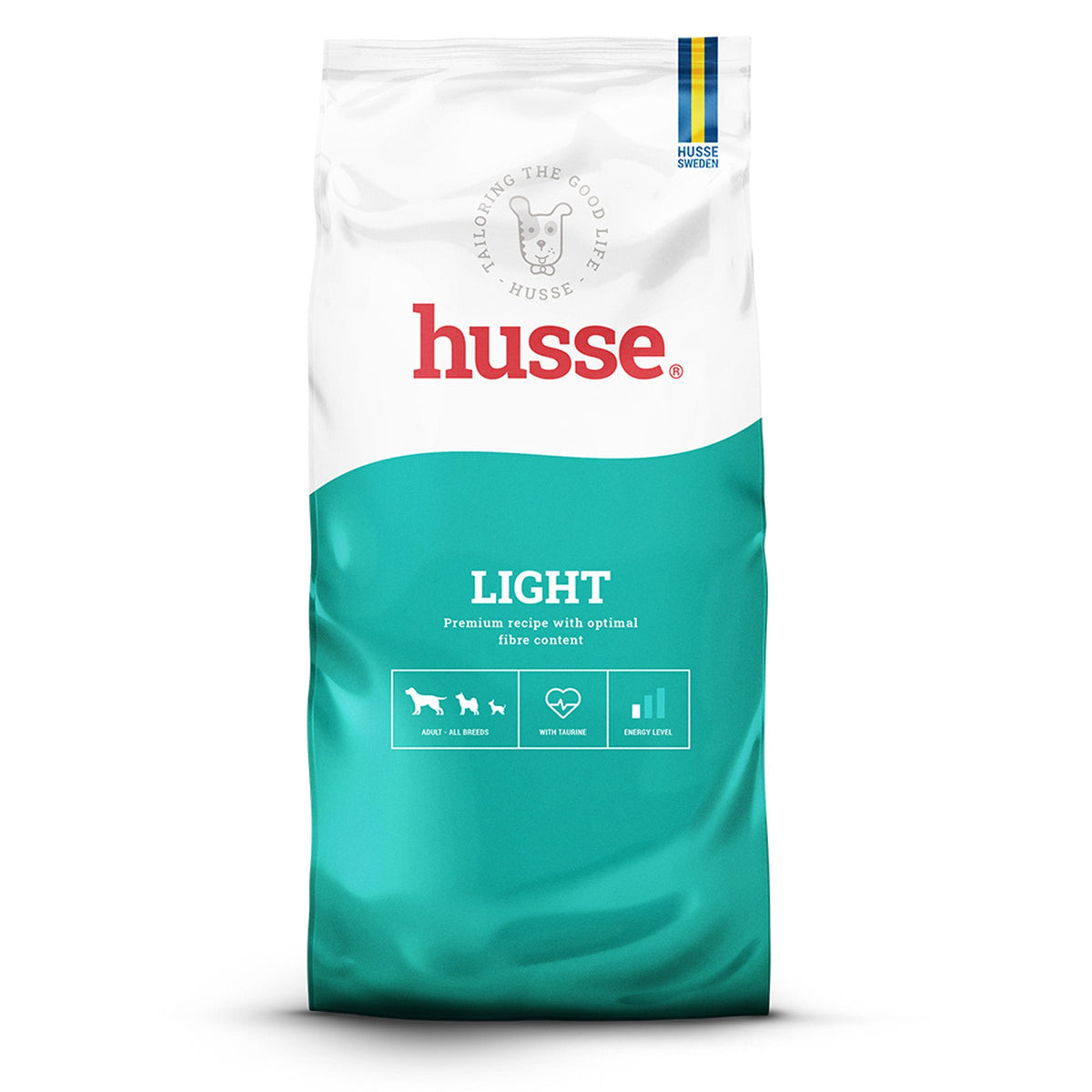 Ração seca Husse Light em saco verde-azulado e branco, para o controlo de peso e conforto de cães.