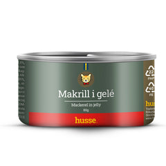 Comida húmida para gatos Husse Mackerel in Jelly em lata de 80 g, com receita sem cereais e rótulo verde e vermelho.