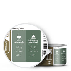 Tabela de alimentação ampliada numa lata de comida para gatos Husse, com guia de doses diárias.