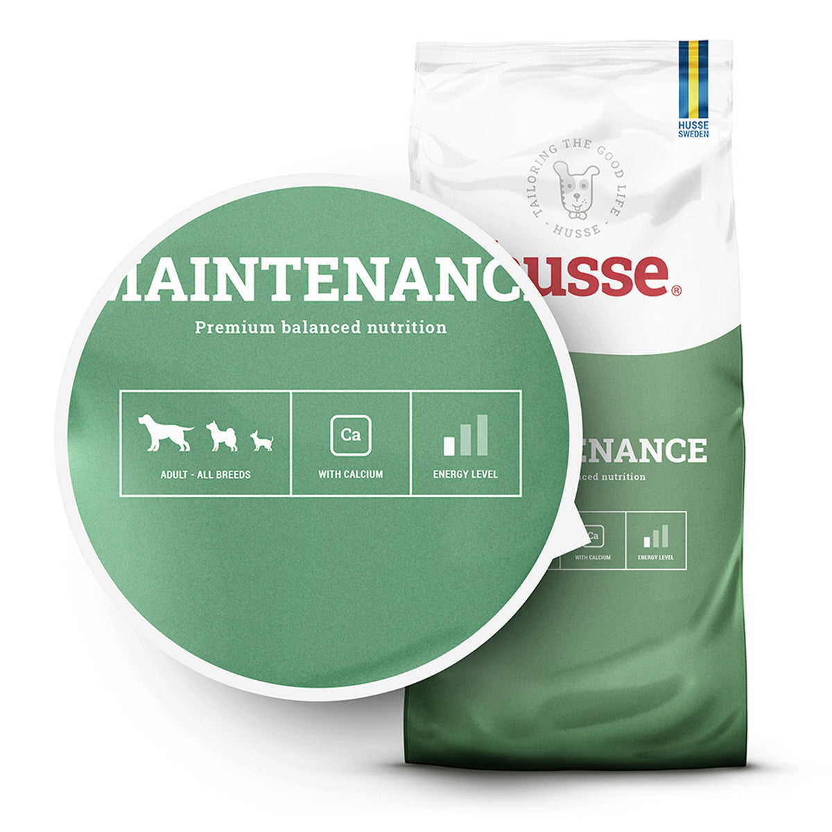 Ração seca Husse Maintenance em saco branco e verde, destacando a nutrição equilibrada e o cálcio.