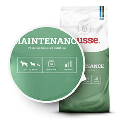 Ração seca Husse Maintenance em saco branco e verde, destacando a nutrição equilibrada e o cálcio.