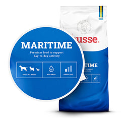 Saco de ração Husse Maritime com destaque azul sobre a nutrição rica em peixe branco para cães adultos.