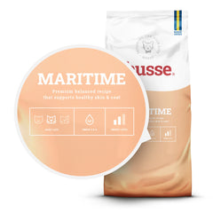 Saco branco e laranja de ração para gato Husse Maritime para apoio à pele e pelo com Ómega 3 e 6 essenciais.
