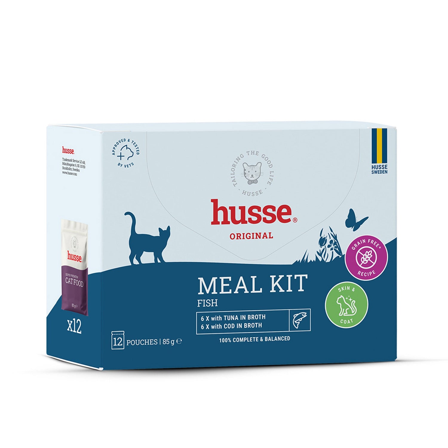 Caixa multipack azul e branca Husse Meal Kit Fish com saquetas sem cereais de atum e bacalhau para o seu gato.