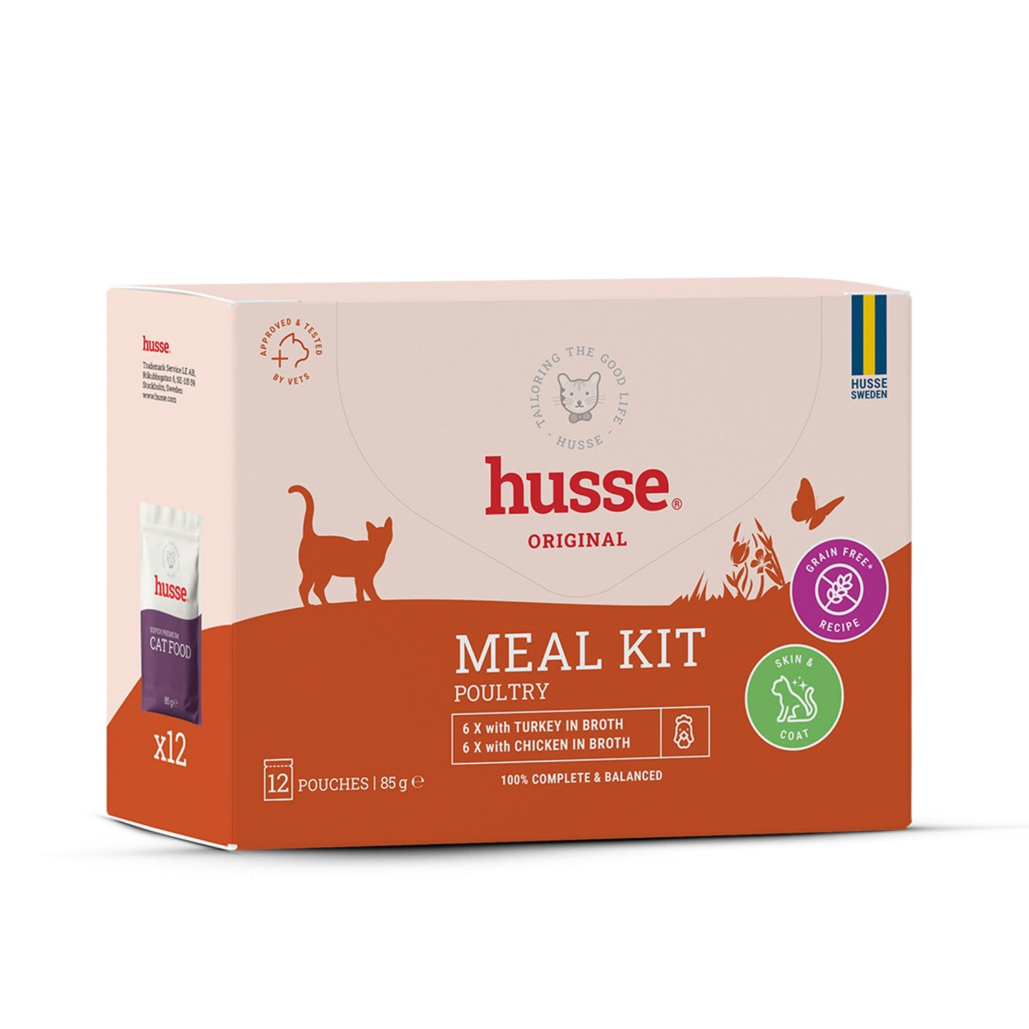 Caixa laranja e branca Husse Meal Kit Poultry com 12 saquetas sem cereais de peru e frango para gatos.