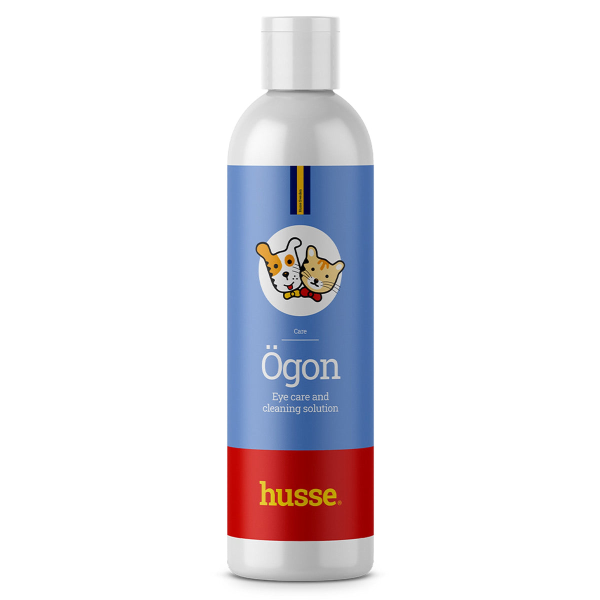 Solução de limpeza ocular Husse Ögon para cães e gatos em frasco branco com rótulo azul e vermelho.