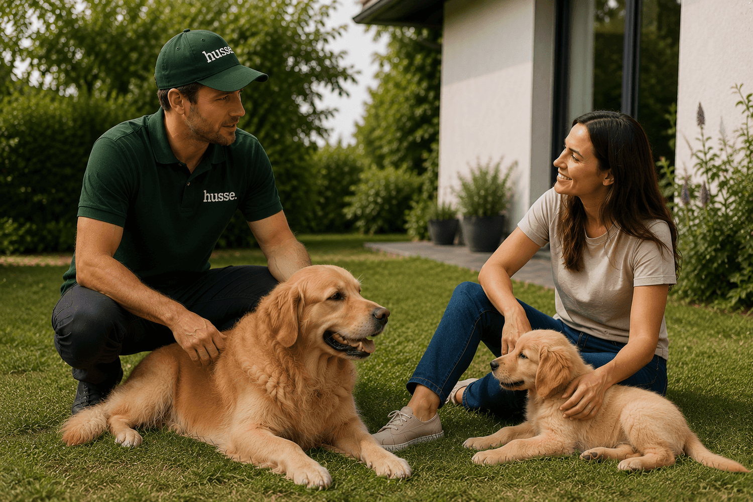 Husse advisor sitting on the lawn with a customer and her two golden retrievers