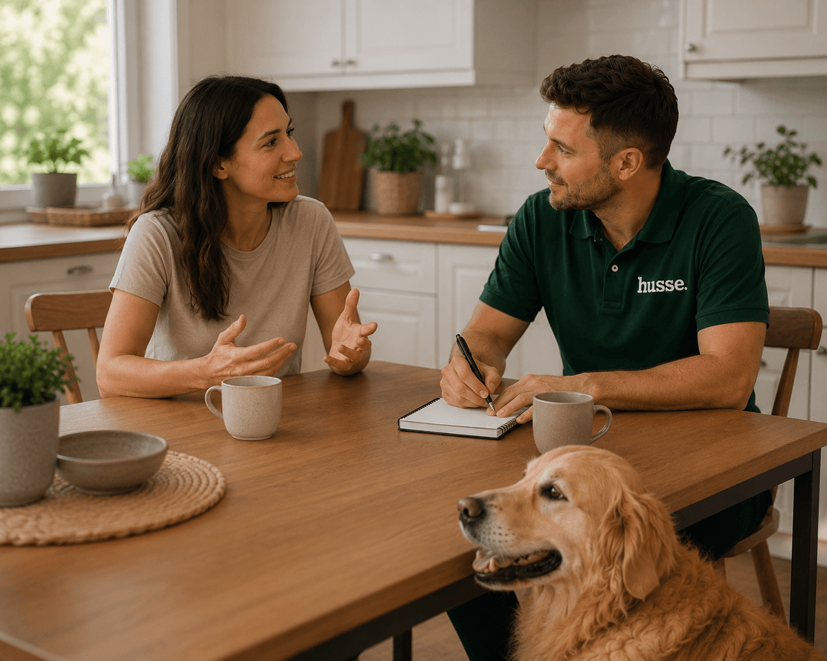 Husse advisor and a customer discussing her dog's diet at a kitchen table