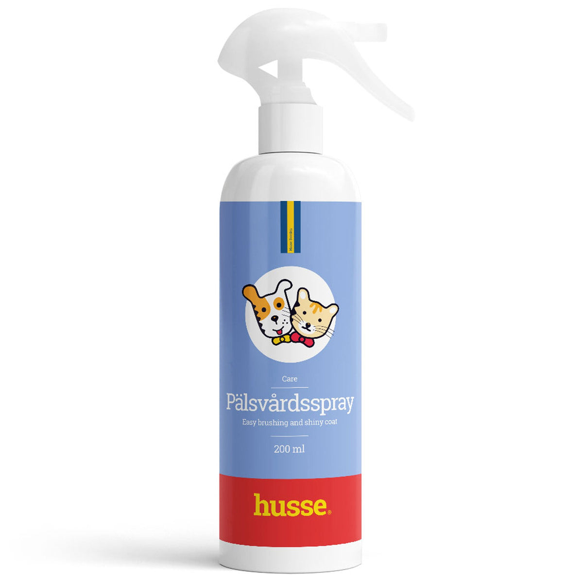 Spray desembaraçador suave Husse para o pelo do animal em frasco branco com rótulo azul e vermelho.