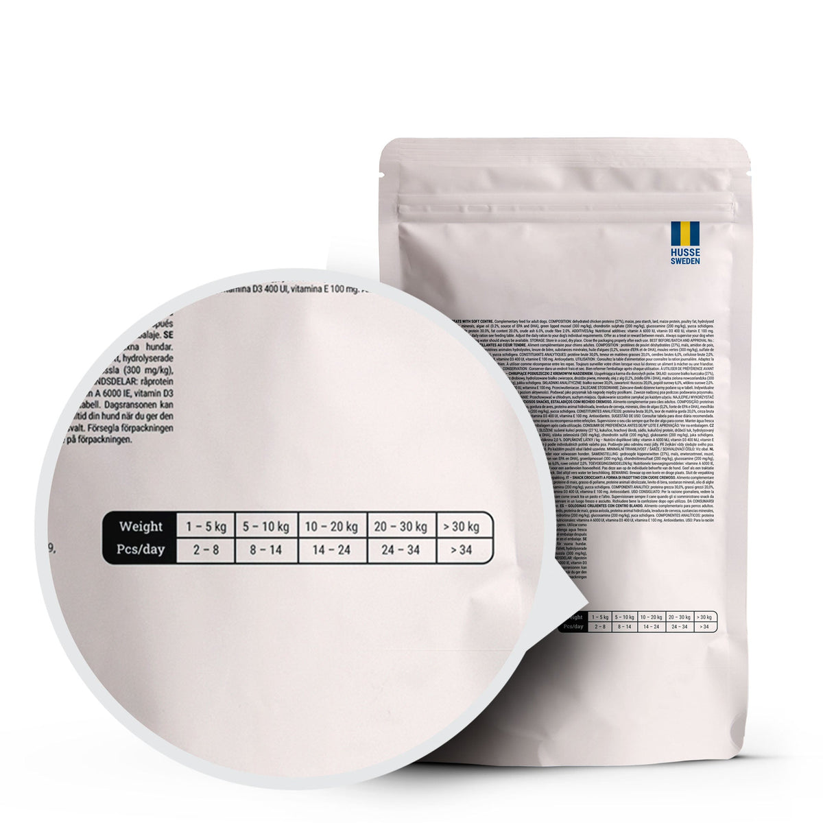 Embalagem branca Husse Pillow Treats Mobility Care com destaque na tabela de alimentação diária para cão.