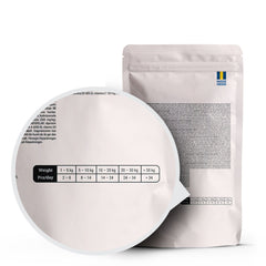 Embalagem branca Husse Pillow Treats Mobility Care com destaque na tabela de alimentação diária para cão.