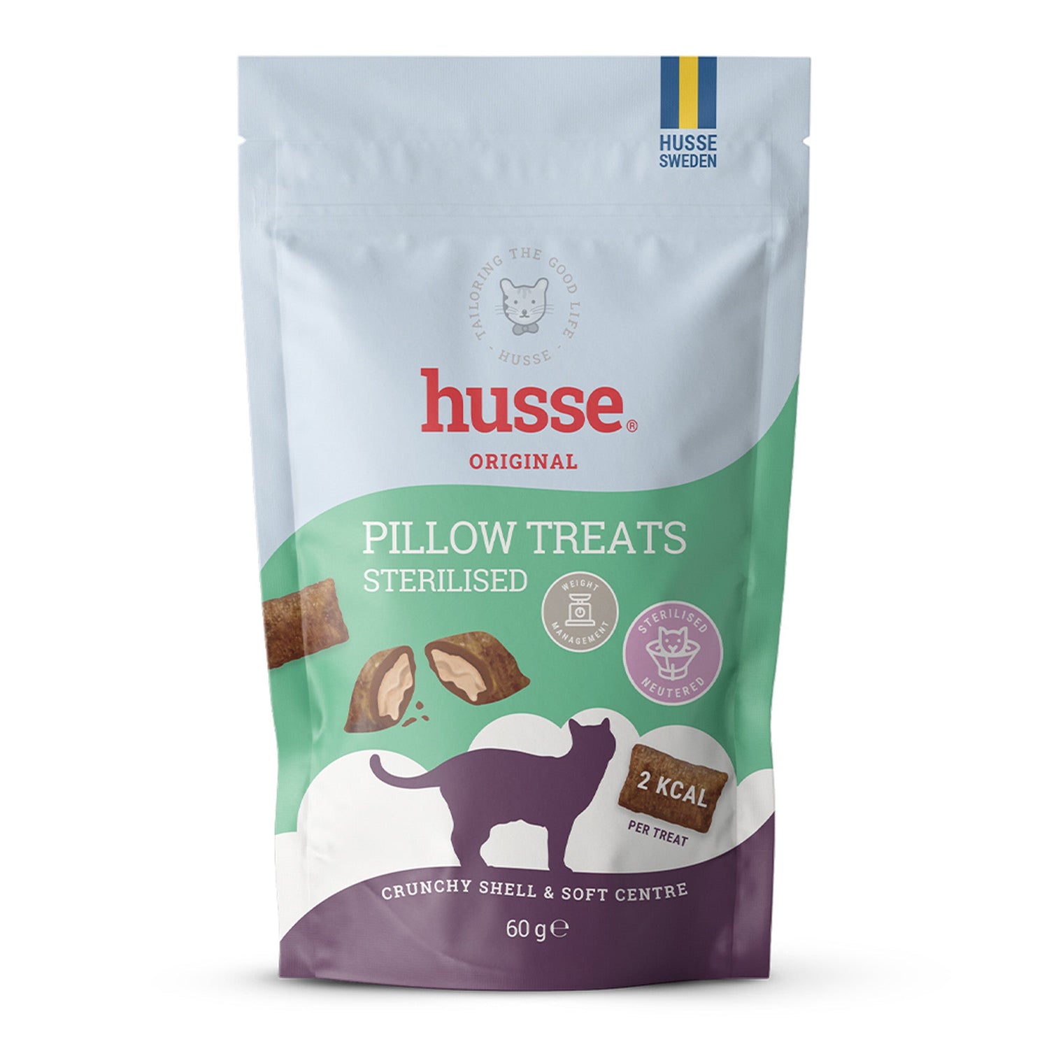 Husse Pillow Treats Sterilised em embalagem de 60 g, com snacks crocantes de dupla textura e centro macio.