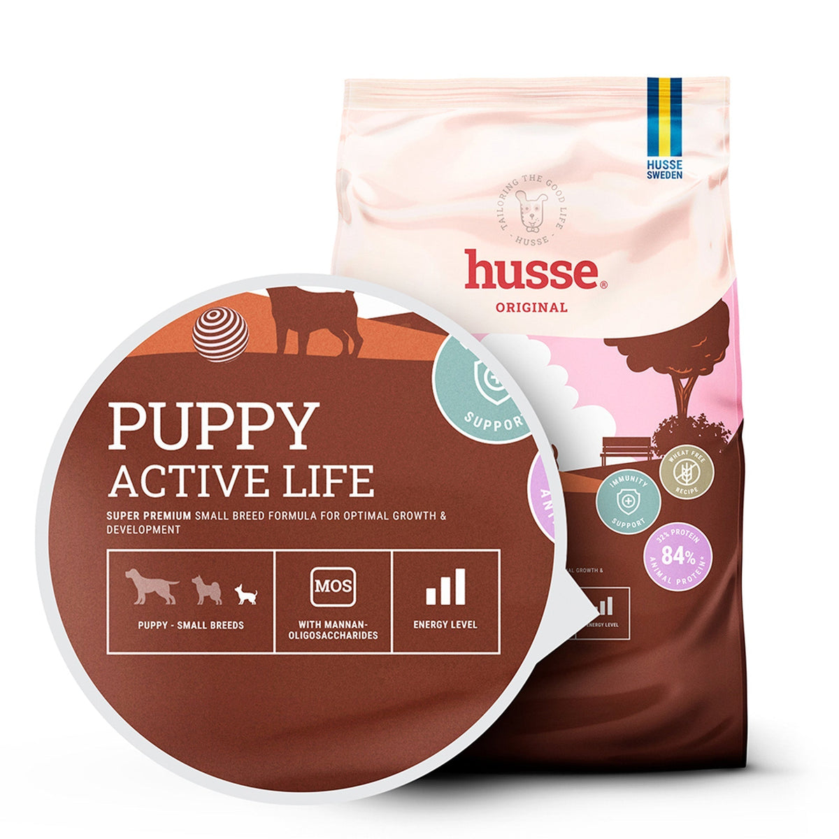 Ração seca Husse Puppy Active Life, receita sueca para o crescimento e imunidade de cachorros pequenos.