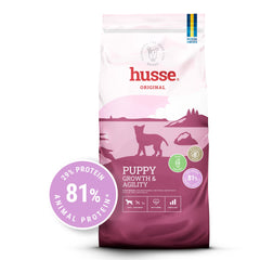 Saco de ração seca Husse Puppy Growth & Agility para cachorros de raça grande, promovendo articulações saudáveis.
