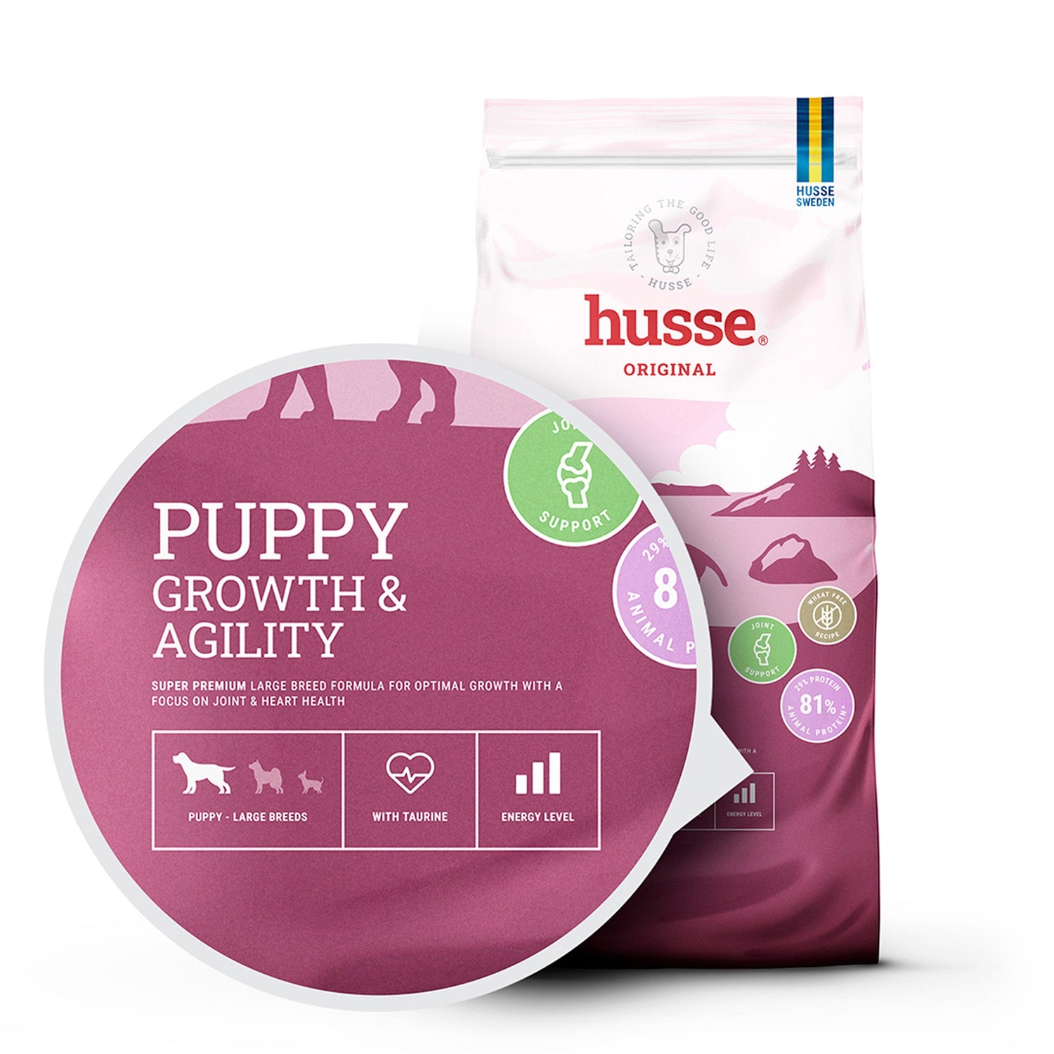Saco de ração Husse Puppy Growth & Agility em branco e roxo para suporte articular de cachorros de raça grande.