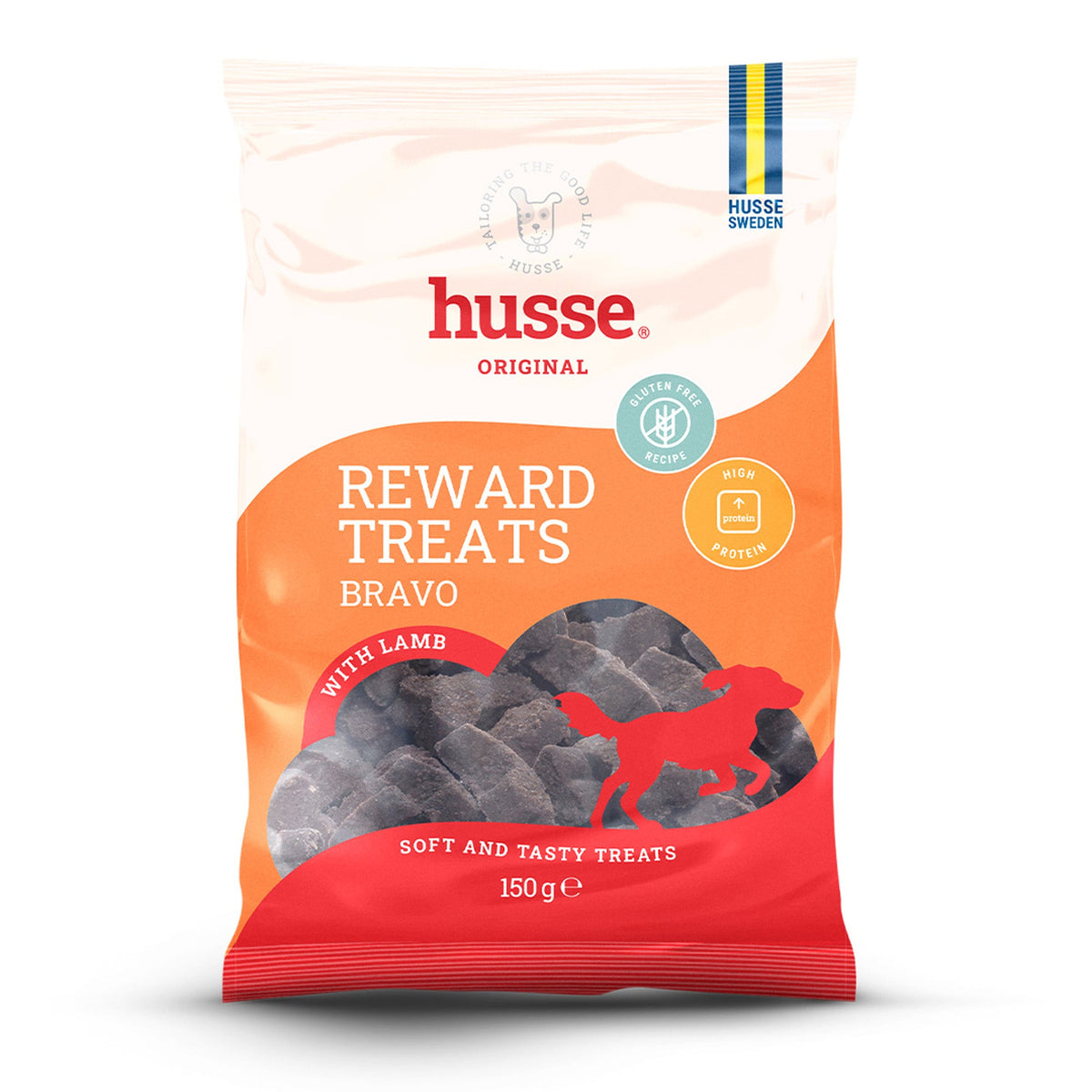 Embalagem de 150 g Husse Reward Treats Bravo com snacks macios de borrego sem glúten visíveis na janela.