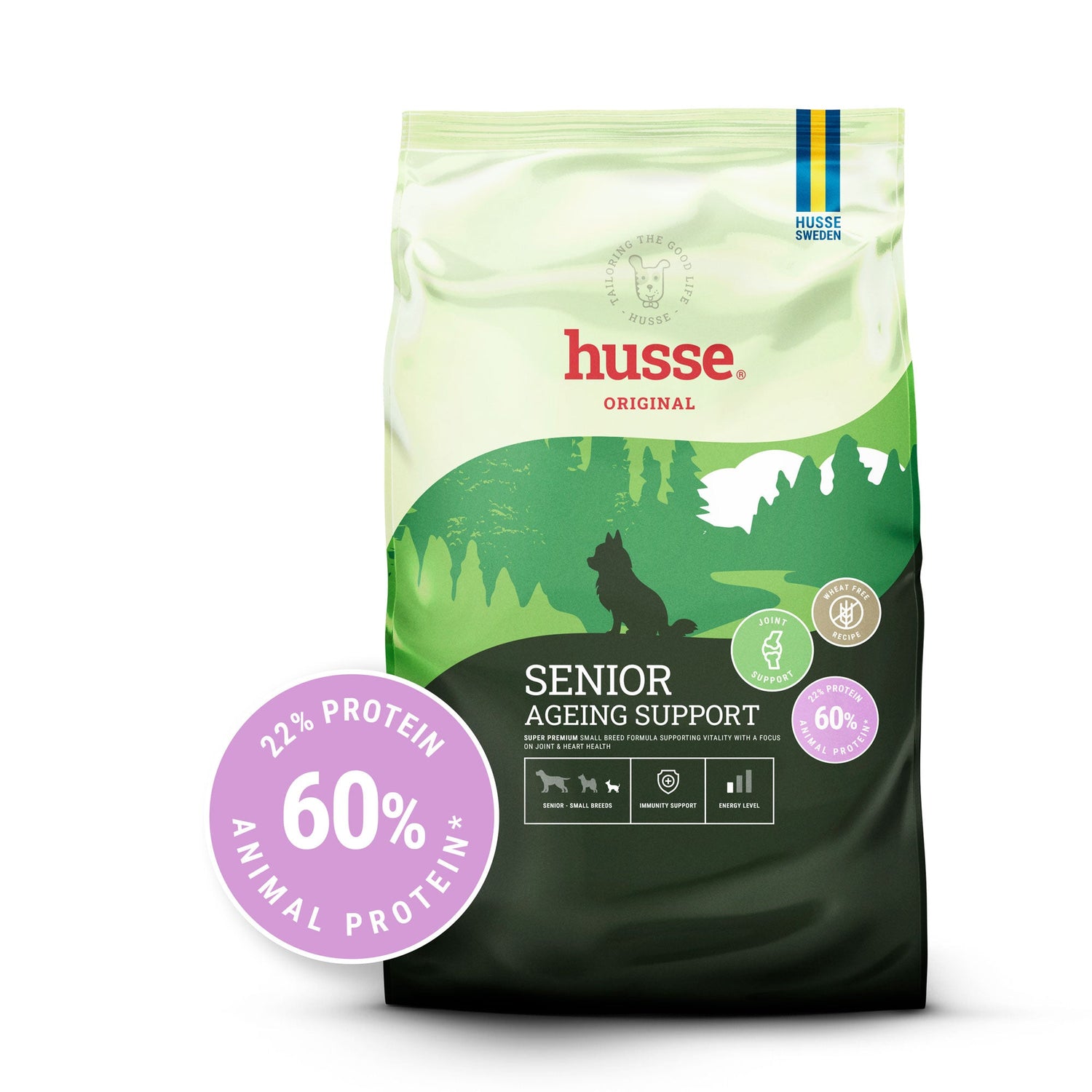 Ração Husse Senior Ageing Support para cães seniores pequenos, com 60% de proteína animal e suporte articular.