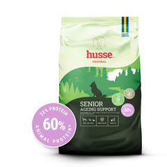 Ração Husse Senior Ageing Support para cães seniores pequenos, com 60% de proteína animal e suporte articular.