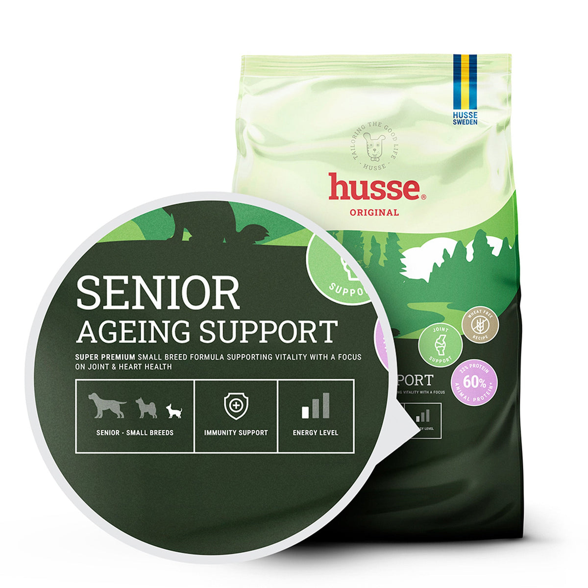 Ração seca Husse Senior Ageing Support para cães sénior de raça pequena, com suporte articular e energia equilibrada.
