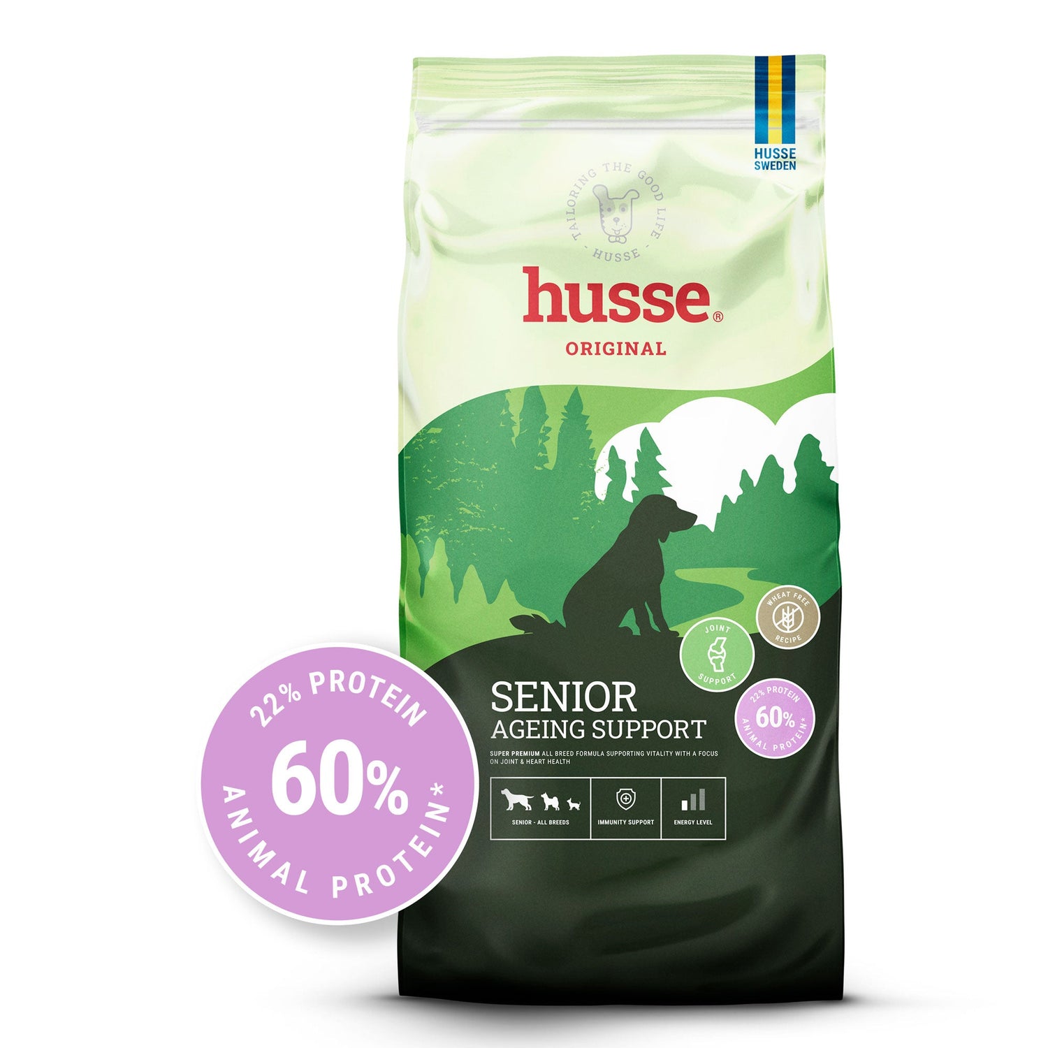 Saco de ração seca Husse Senior Ageing Support para cães, com 60% de proteína animal e ícones de apoio articular.