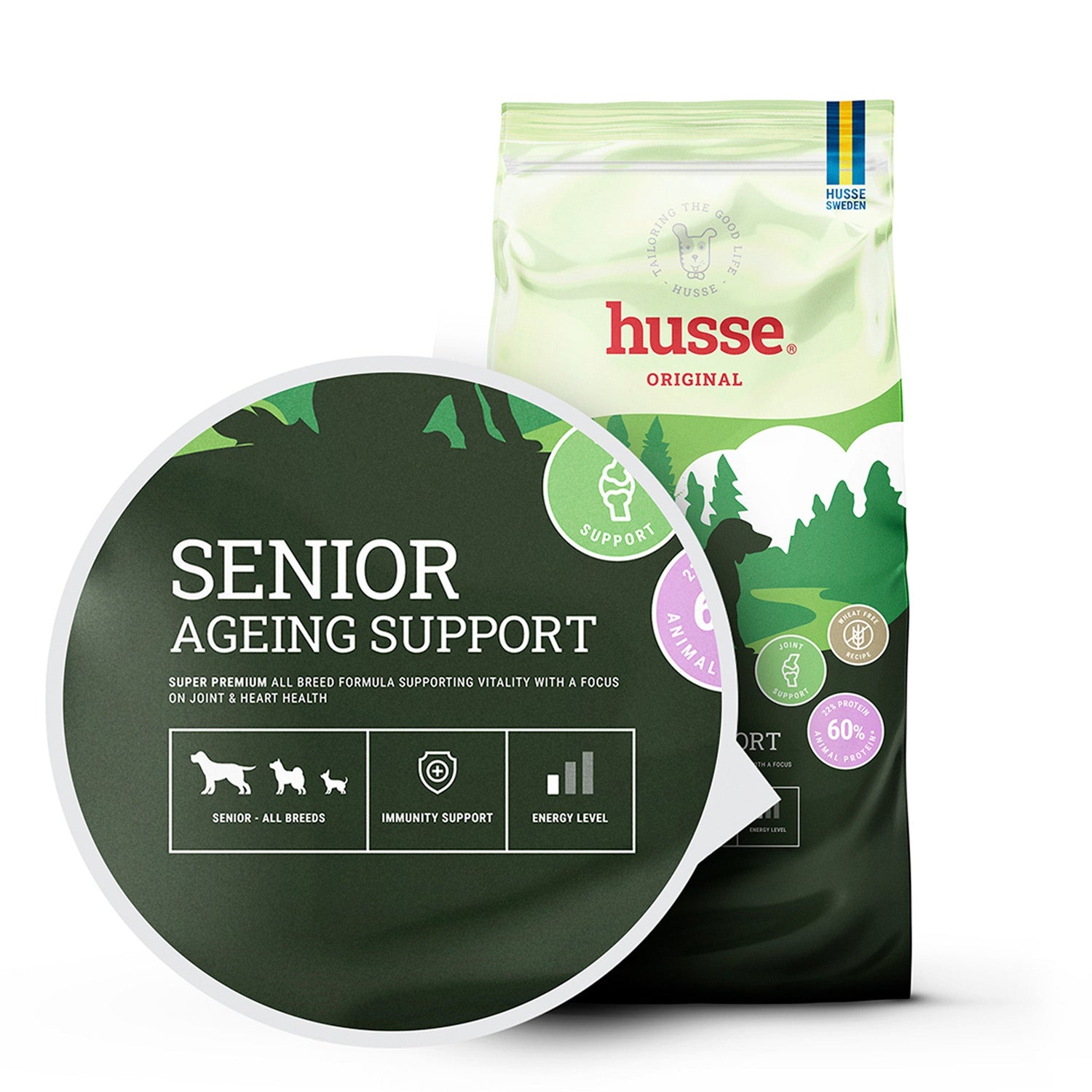 Saco de ração Husse Senior Ageing Support com destaque para os benefícios na saúde articular e cardíaca.