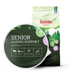 Saco de ração Husse Senior Ageing Support com destaque para os benefícios na saúde articular e cardíaca.