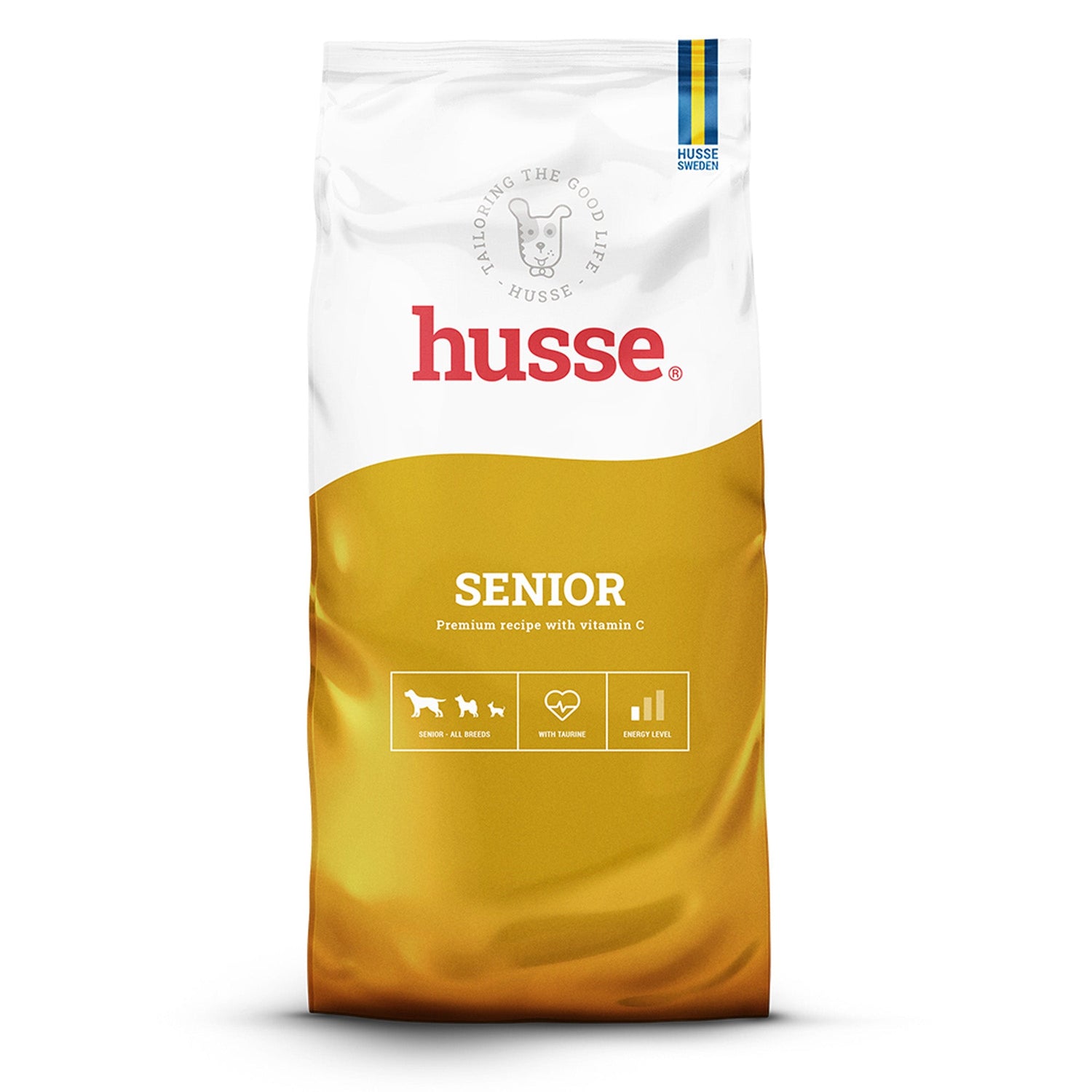 Saco de ração seca Husse Senior em branco e dourado, para a saúde e mobilidade do seu cão sénior.