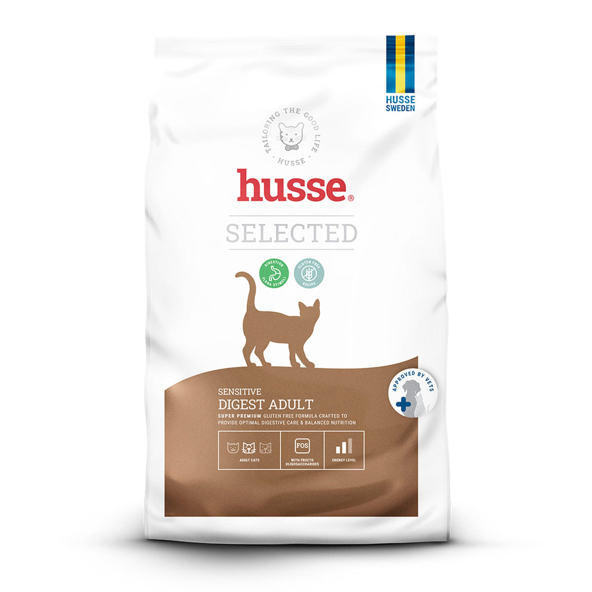 Saco de ração seca Husse Sensitive Digest Adult, receita sem glúten para o cuidado e conforto digestivo do gato.